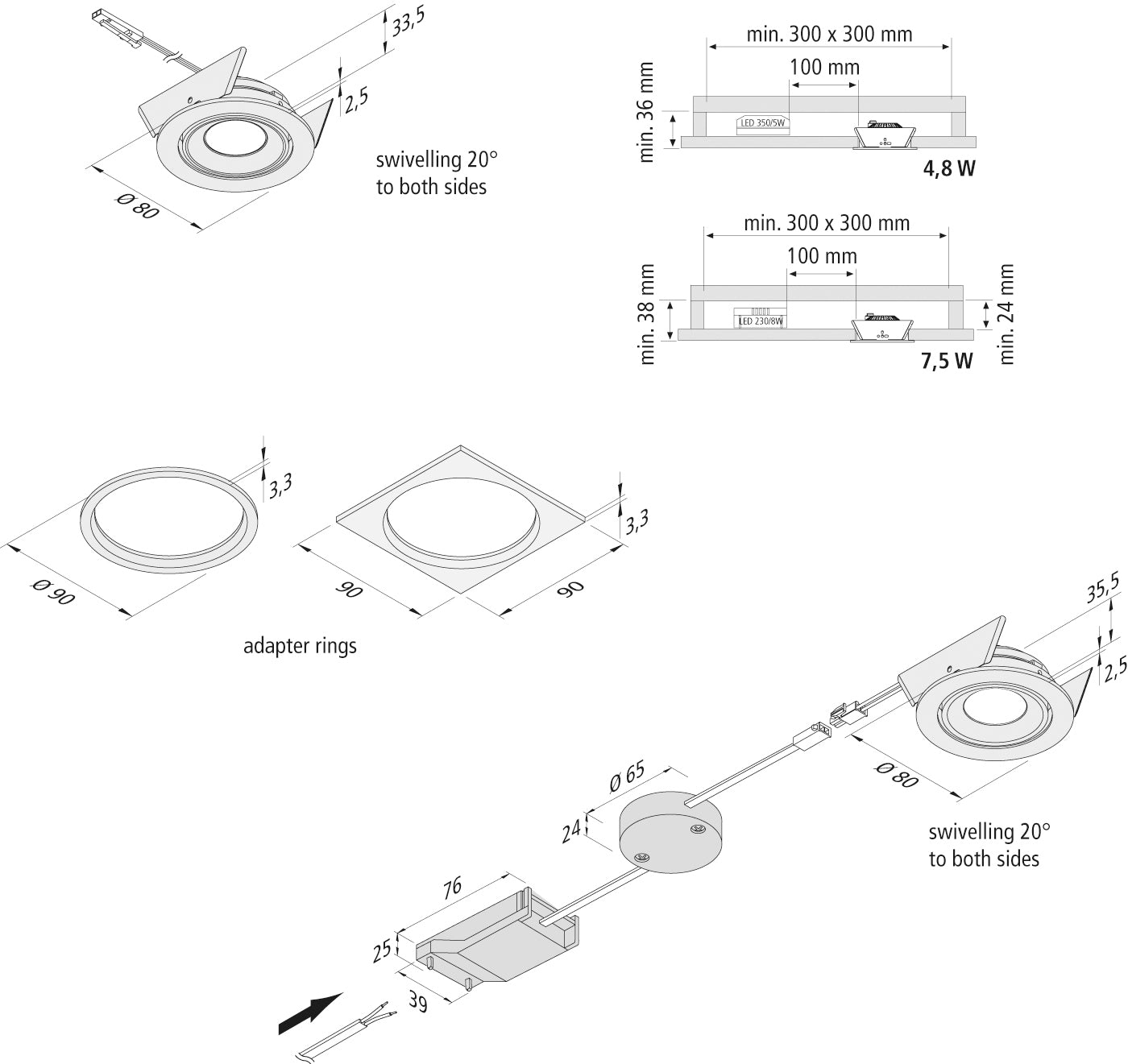 350 spot SR 68 35ø kantelbaar 4,8W ww